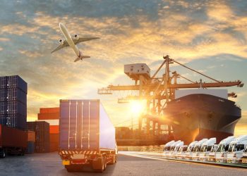 Logistics import export background and transport industry of Container Cargo freight ship and Cargo plane background, Truck transport container on the road to the port